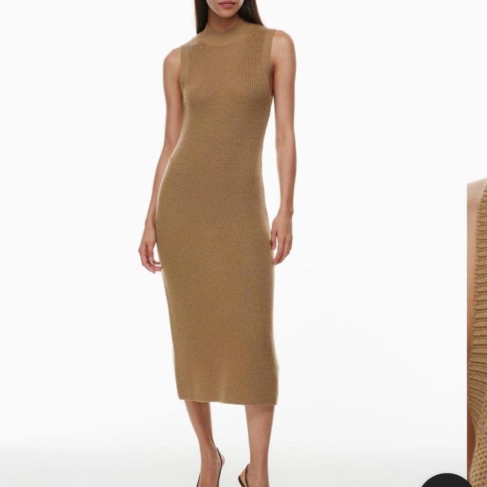 Babaton Brown Ribbed Sheath Midi Dress Mock Neck